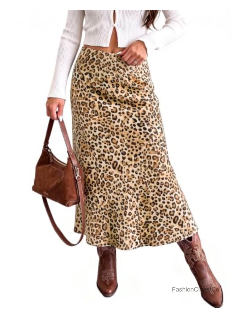 Satin Leopard Print Maxi Skirt Stretchy Elastic Waist Pull On